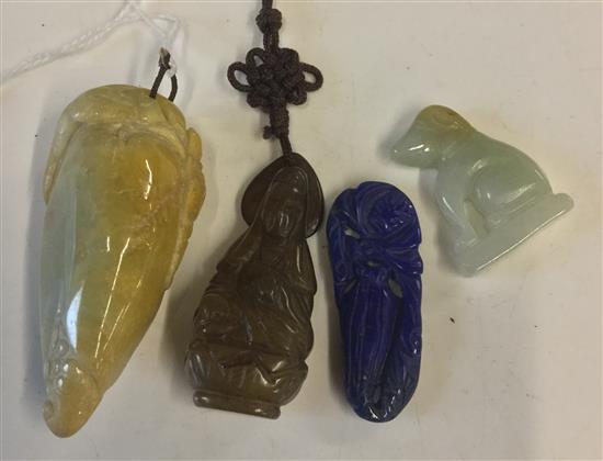 Chinese carved jade corn cob pendant & three other hardstone/quartz pendants (4)